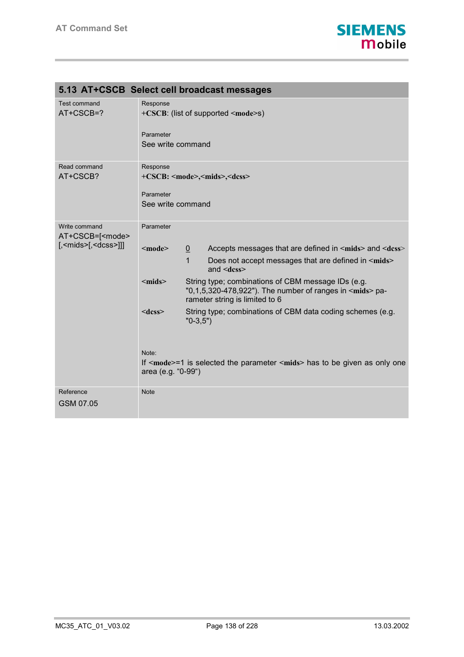 At+cscb select cell broadcast messages, 13 at+cscb select cell broadcast messages | Siemens MC35 User Manual | Page 138 / 228