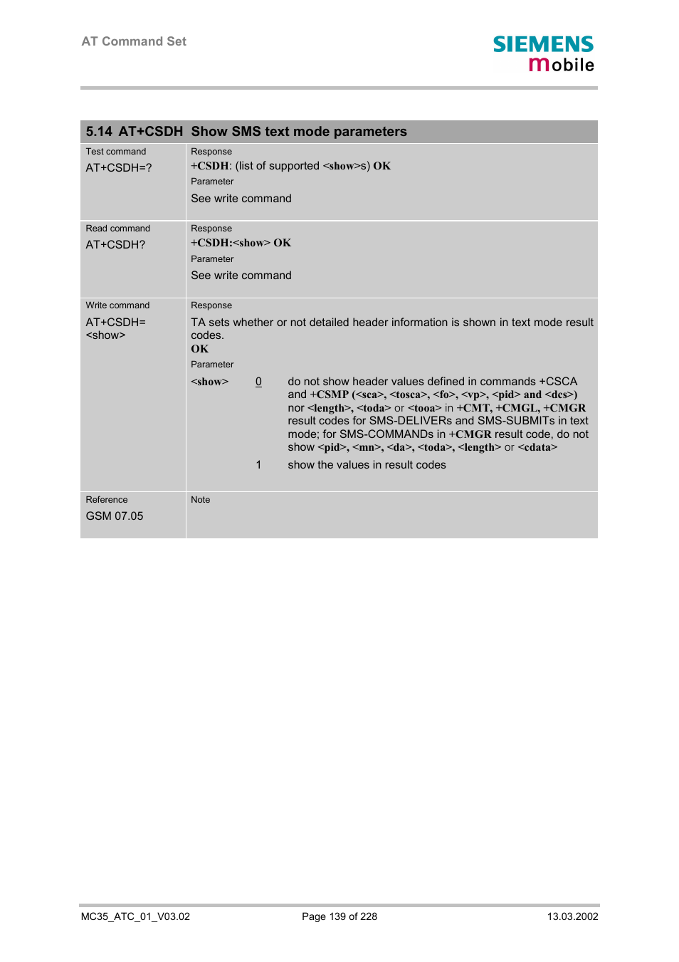 At+csdh show sms text mode parameters, 14 at+csdh show sms text mode parameters | Siemens MC35 User Manual | Page 139 / 228