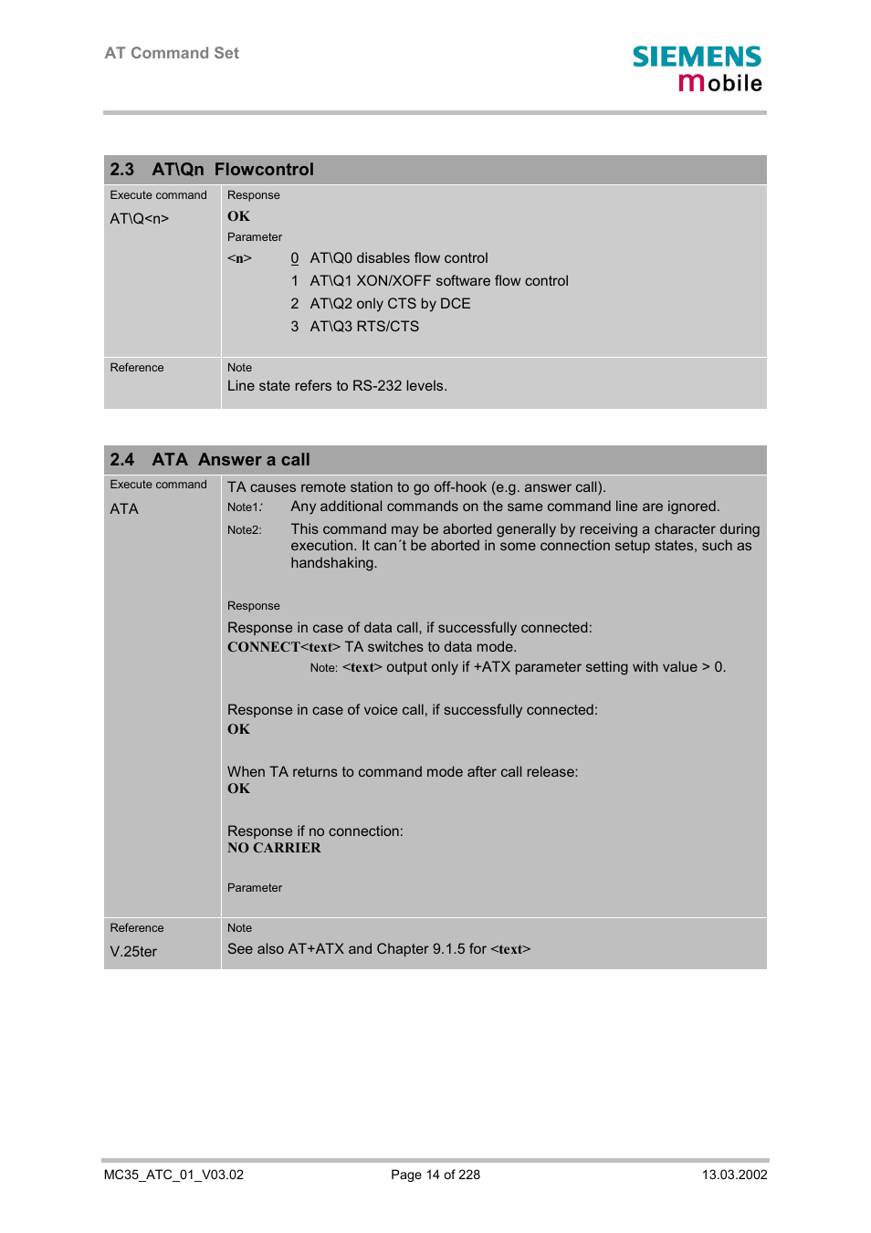 At\qn flowcontrol, Ata answer a call, 3 at\qn flowcontrol | 4 ata answer a call | Siemens MC35 User Manual | Page 14 / 228