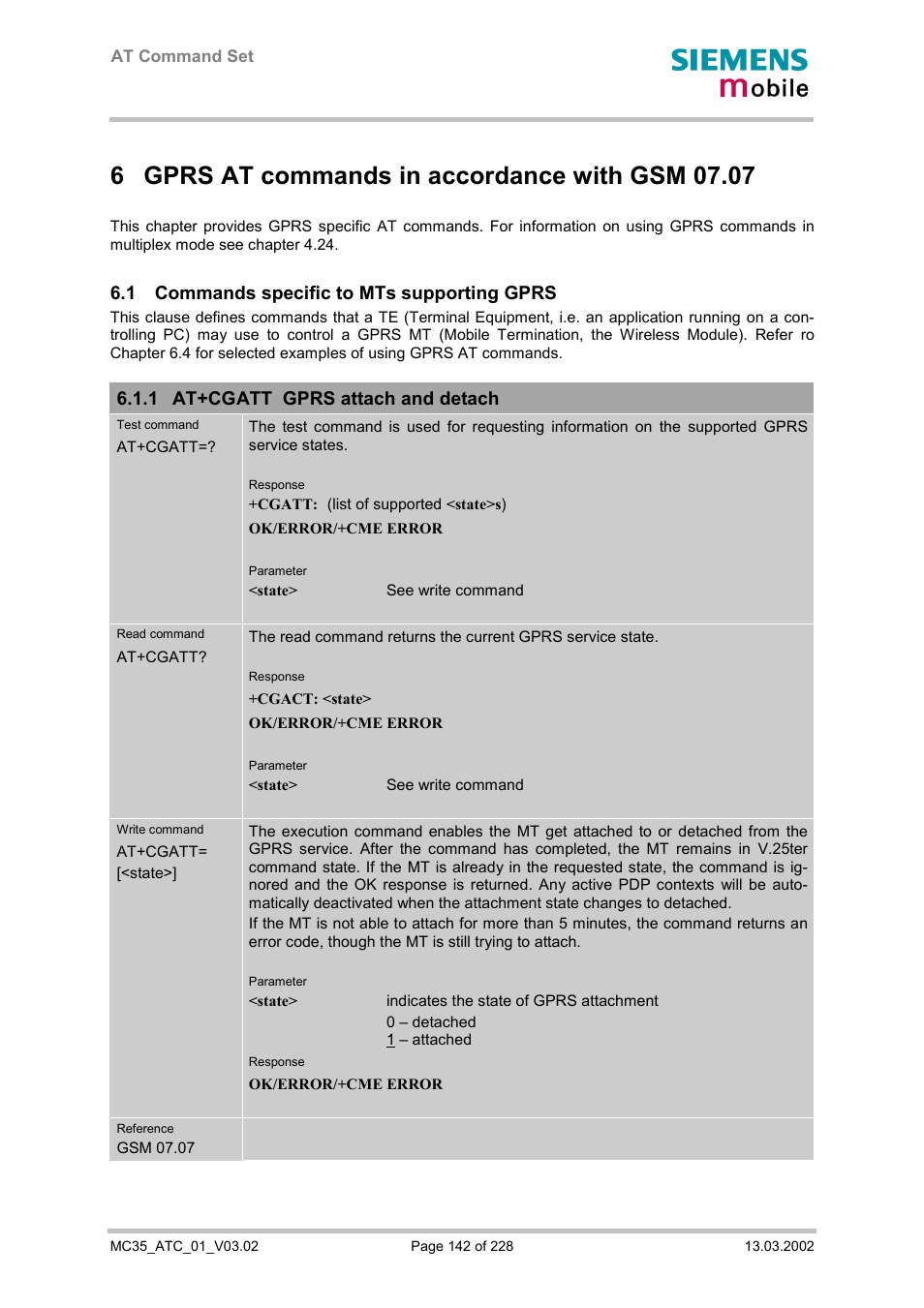 Gprs at commands in accordance with gsm 07.07, Commands specific to mts supporting gprs, At+cgatt gprs attach and detach | 1 commands specific to mts supporting gprs, 1 at+cgatt gprs attach and detach | Siemens MC35 User Manual | Page 142 / 228