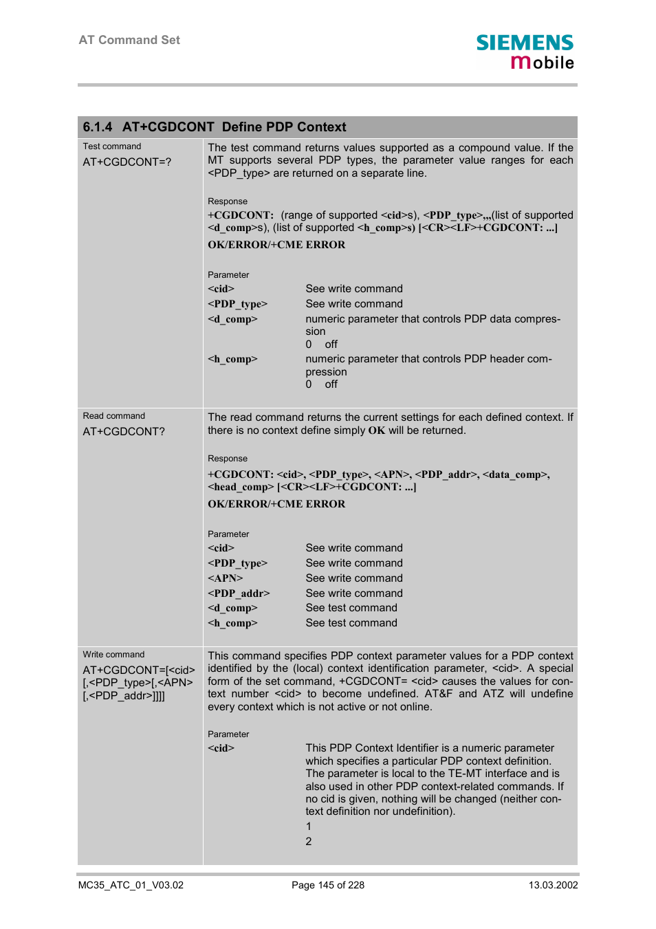 At+cgdcont define pdp context, 4 at+cgdcont define pdp context | Siemens MC35 User Manual | Page 145 / 228