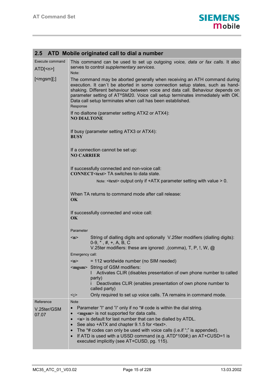 Atd mobile originated call to dial a number, 5 atd mobile originated call to dial a number | Siemens MC35 User Manual | Page 15 / 228