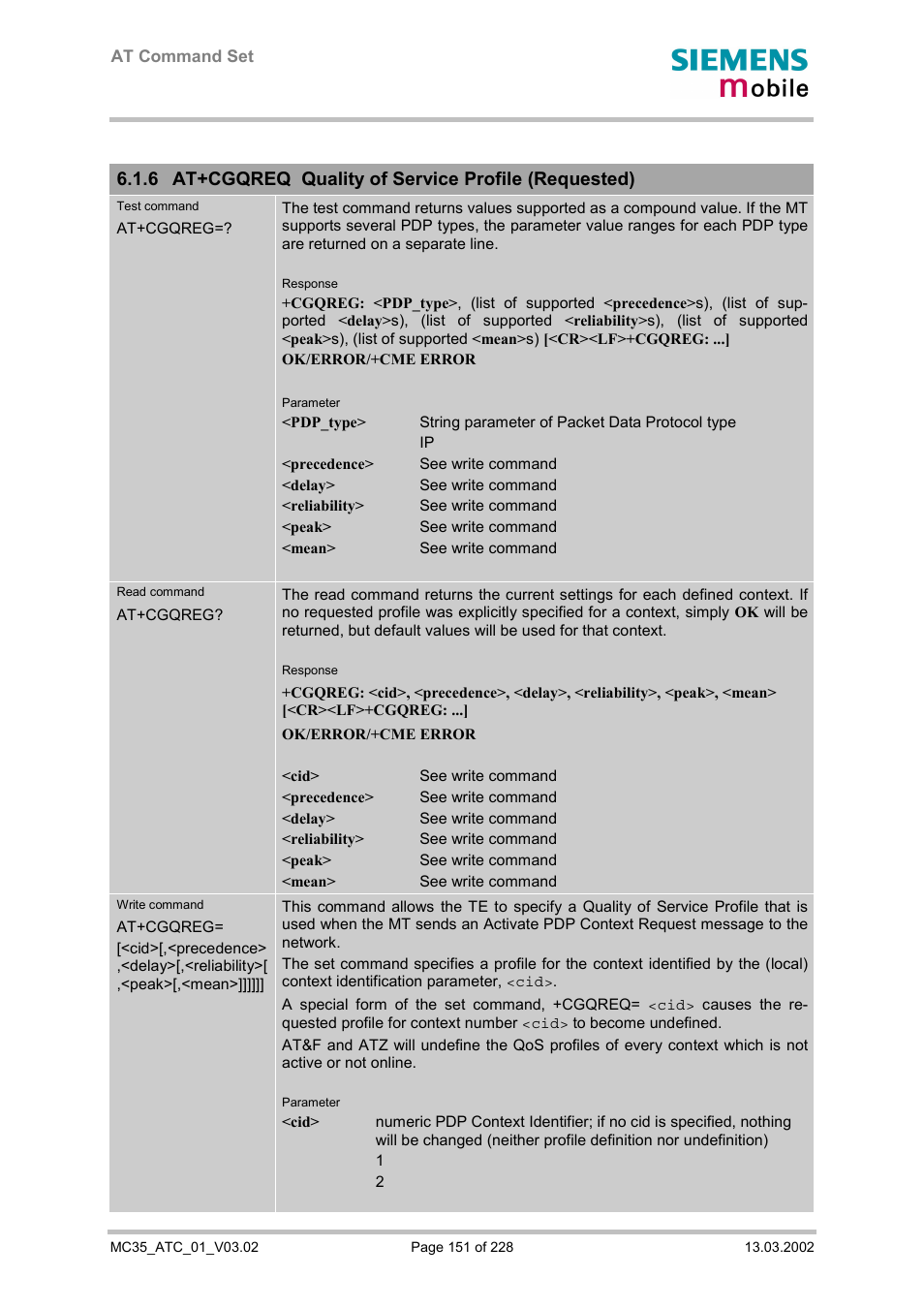 At+cgqreq quality of service profile (requested), 6 at+cgqreq quality of service profile (requested) | Siemens MC35 User Manual | Page 151 / 228