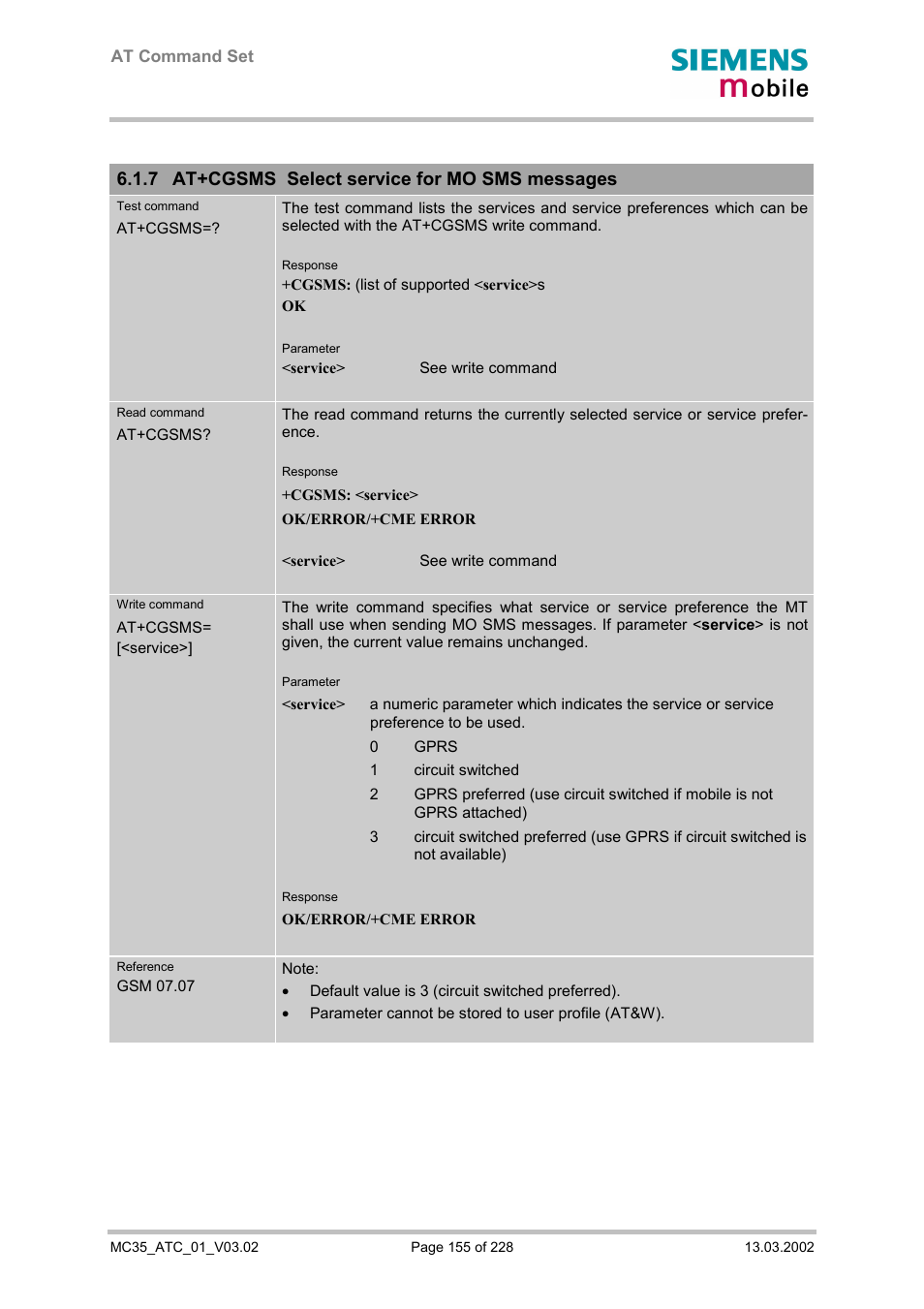 At+cgsms select service for mo sms messages, 7 at+cgsms select service for mo sms messages | Siemens MC35 User Manual | Page 155 / 228