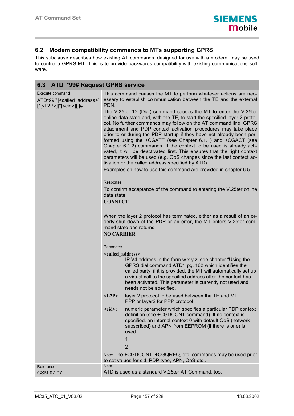 Atd *99# request gprs service, 3 atd *99# request gprs service | Siemens MC35 User Manual | Page 157 / 228