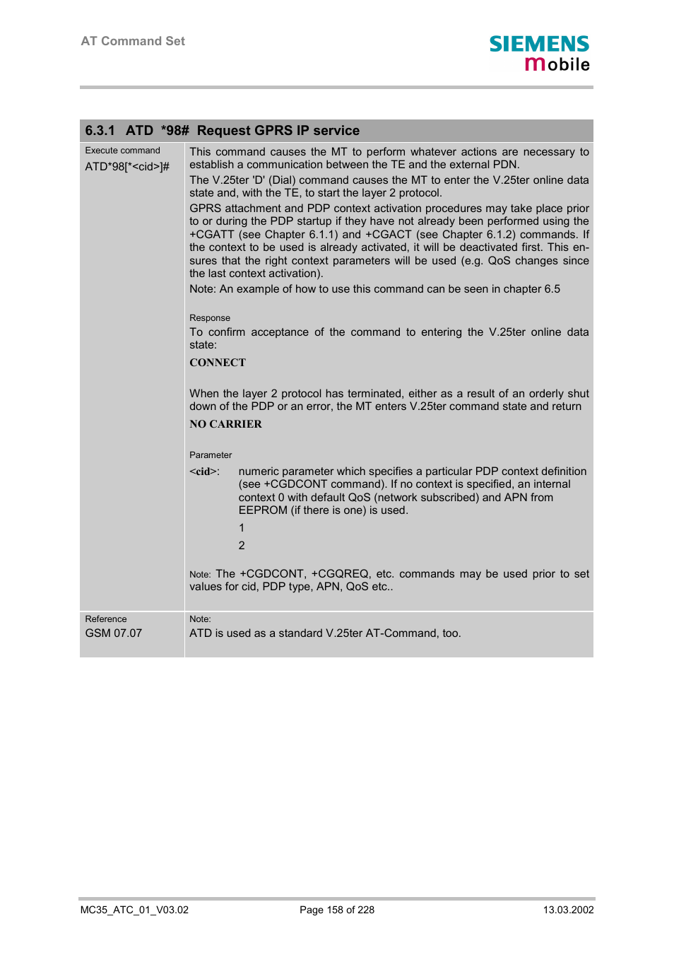 Atd *98# request gprs ip service, 1 atd *98# request gprs ip service | Siemens MC35 User Manual | Page 158 / 228