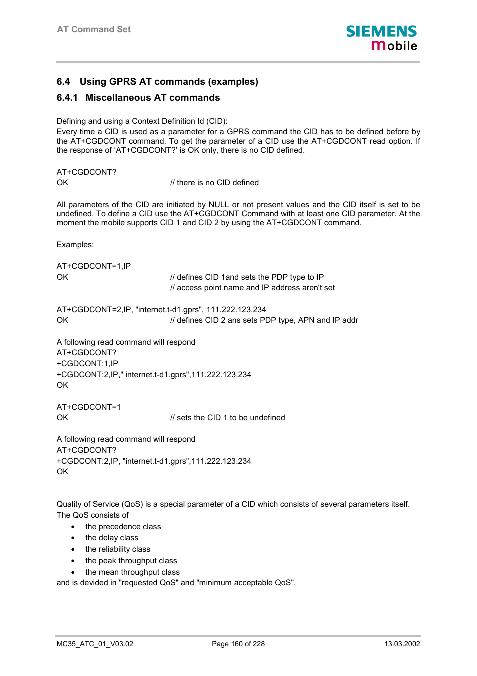 Using gprs at commands (examples), Miscellaneous at commands | Siemens MC35 User Manual | Page 160 / 228