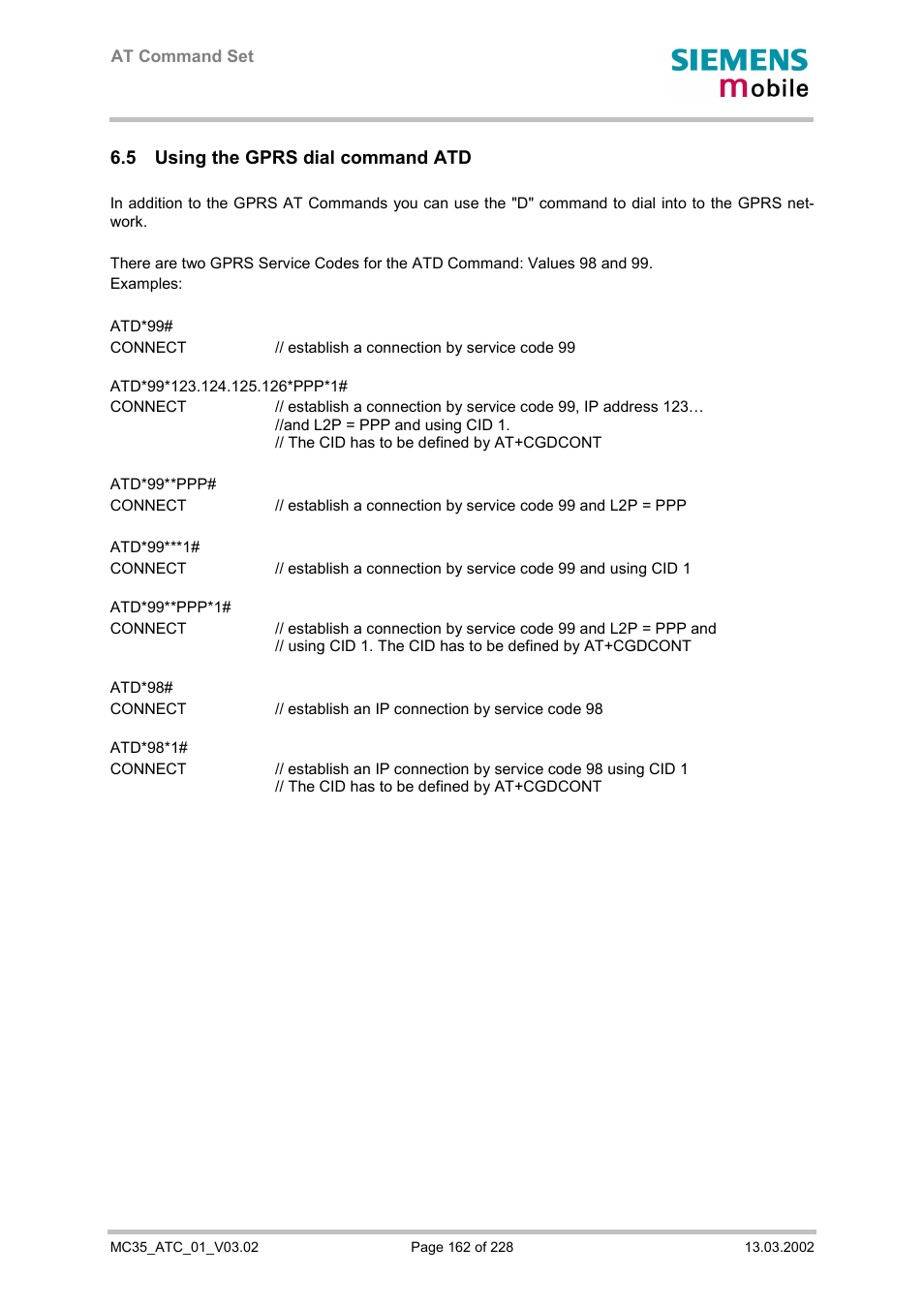 Using the gprs dial command atd, Ter “using the gprs dial command atd“, pg. 162, 5 using the gprs dial command atd | Siemens MC35 User Manual | Page 162 / 228