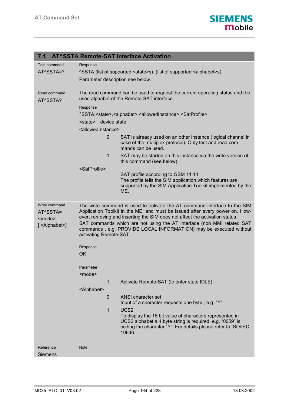 At^ssta remote-sat interface activation, 1 at^ssta remote-sat interface activation | Siemens MC35 User Manual | Page 164 / 228
