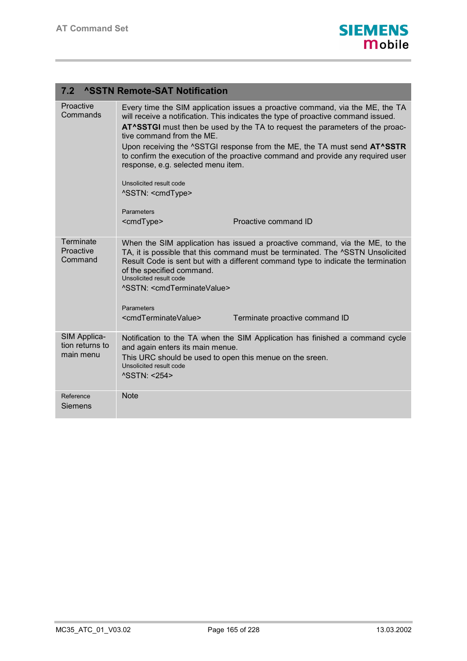 Sstn remote-sat notification, 2 ^sstn remote-sat notification | Siemens MC35 User Manual | Page 165 / 228