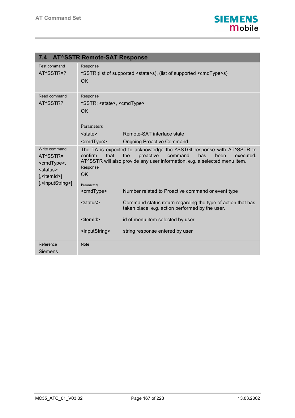 At^sstr remote-sat response, 4 at^sstr remote-sat response | Siemens MC35 User Manual | Page 167 / 228