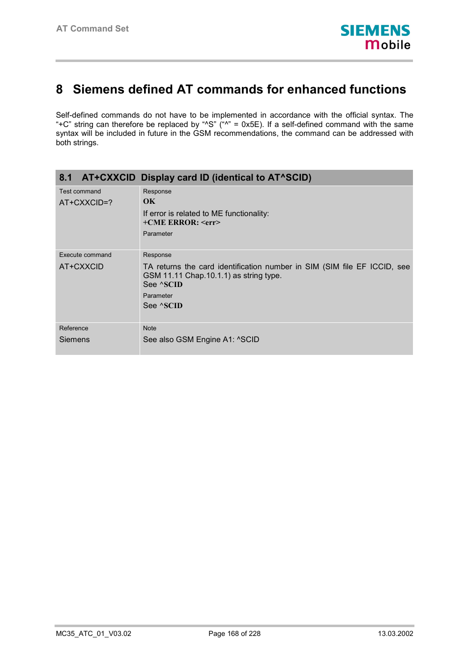 Siemens defined at commands for enhanced functions, At+cxxcid display card id (identical to at^scid), 1 at+cxxcid display card id (identical to at^scid) | Siemens MC35 User Manual | Page 168 / 228