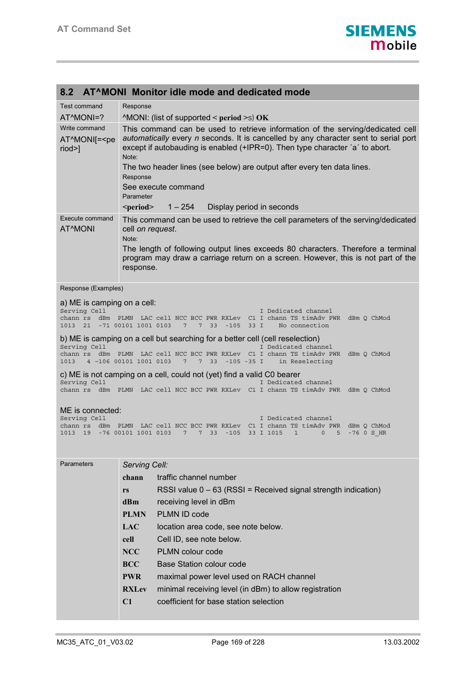 At^moni monitor idle mode and dedicated mode, 169f, Age 169 | 2 at^moni monitor idle mode and dedicated mode, At command set | Siemens MC35 User Manual | Page 169 / 228