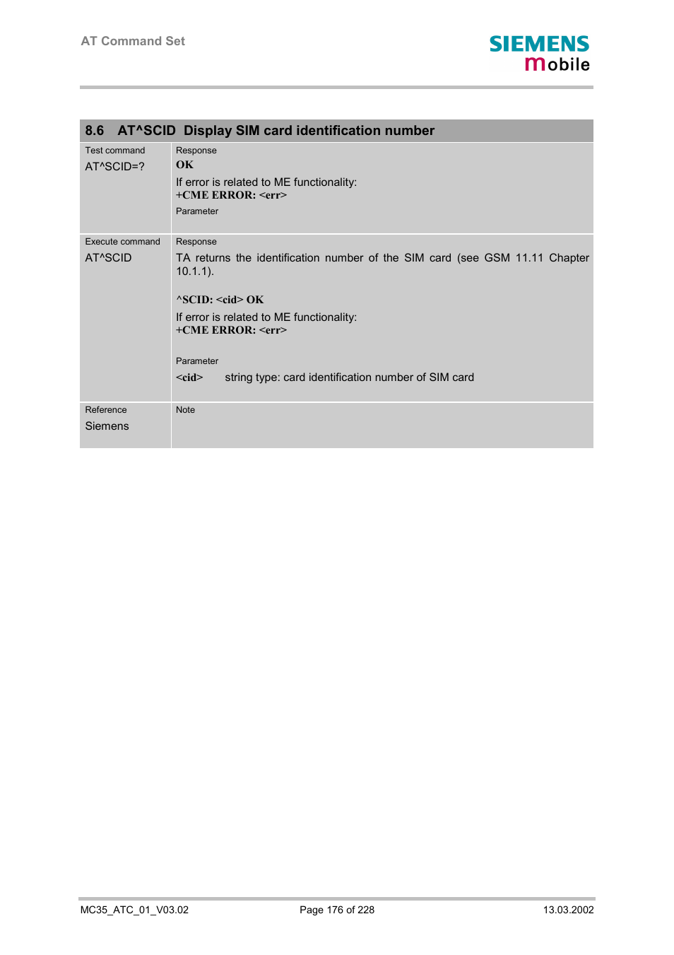 At^scid display sim card identification number, 6 at^scid display sim card identification number | Siemens MC35 User Manual | Page 176 / 228