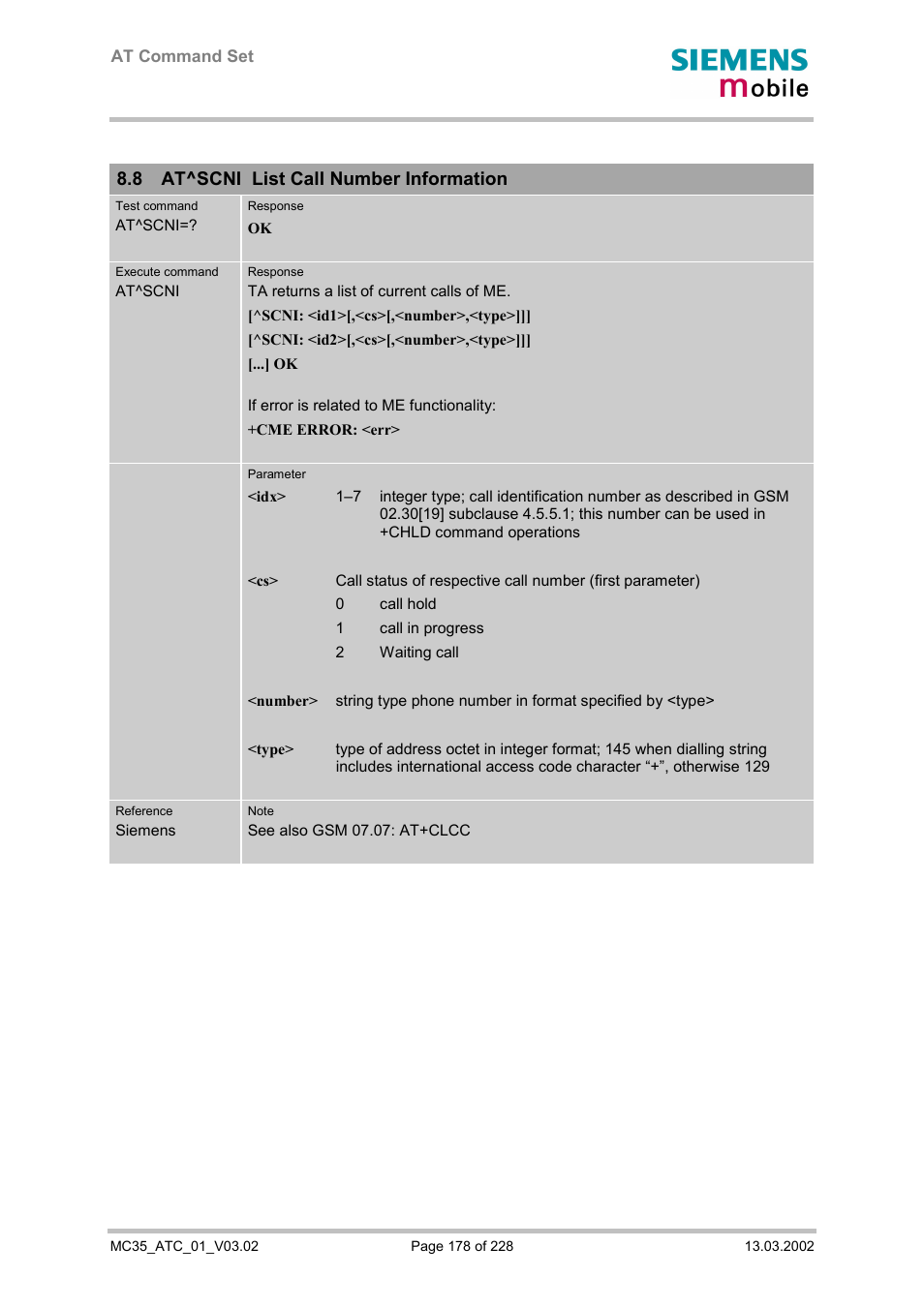 At^scni list call number information, 8 at^scni list call number information | Siemens MC35 User Manual | Page 178 / 228