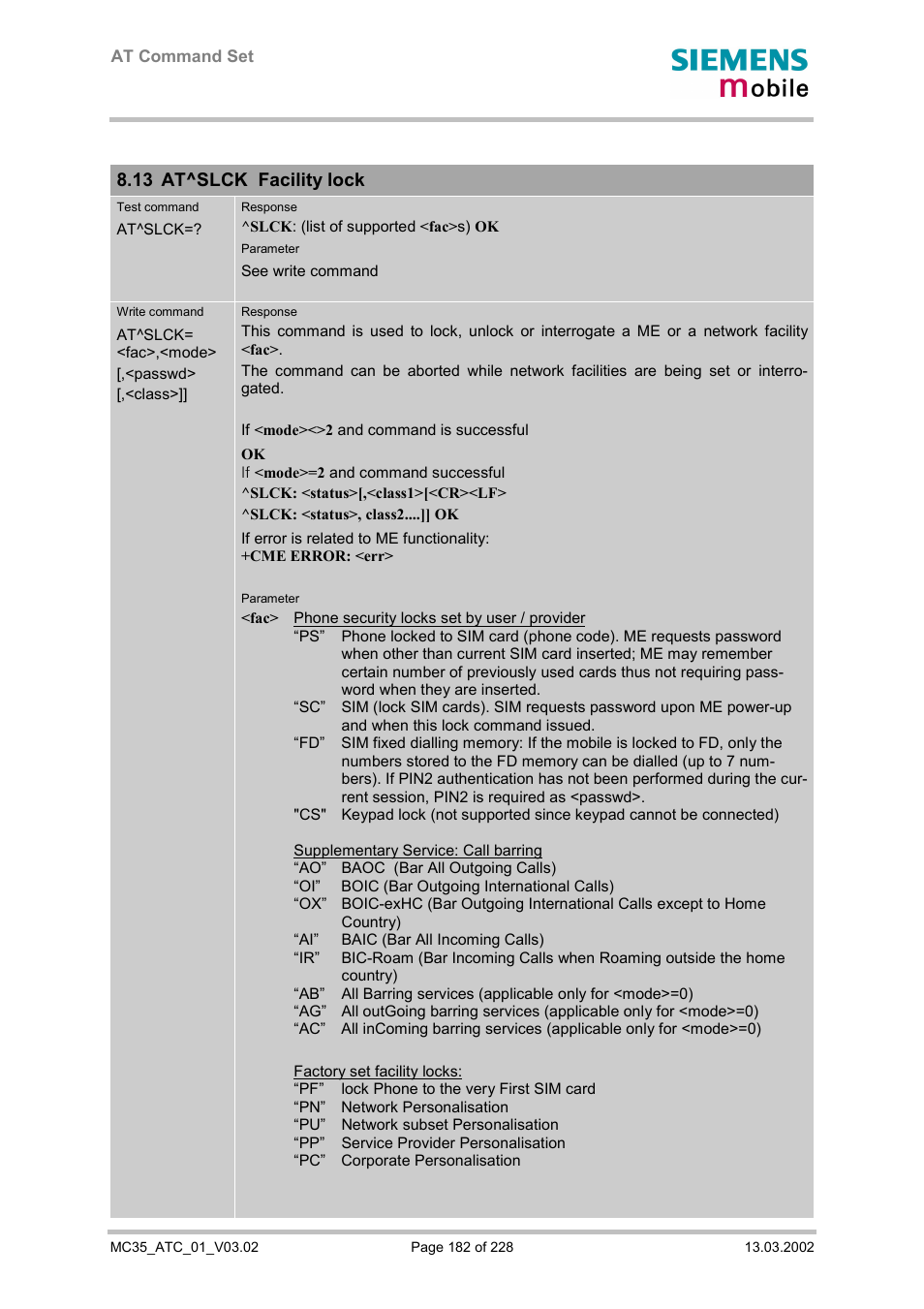 At^slck facility lock, At^smgl list sms messages from preferred storage, 13 (at^slck facility lock, 4.34 | Nd 8.13, 13 at^slck facility lock | Siemens MC35 User Manual | Page 182 / 228