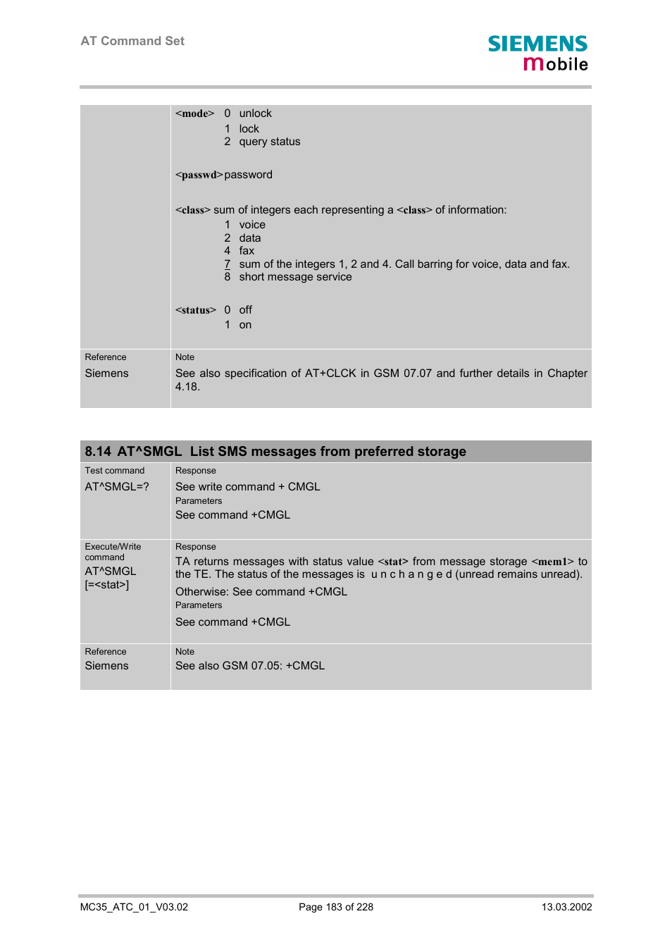 At^smgl list sms messages from preferred storage | Siemens MC35 User Manual | Page 183 / 228