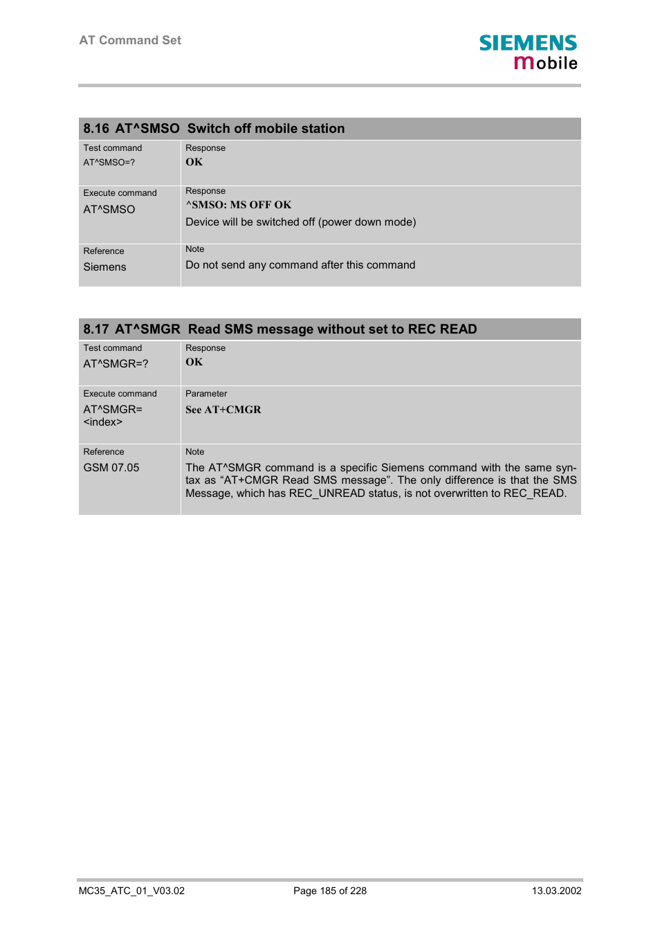 At^smso switch off mobile station, At^smgr read sms message without set to rec read, At^smso switch off | Mobile station, 16 at^smso switch off mobile station | Siemens MC35 User Manual | Page 185 / 228