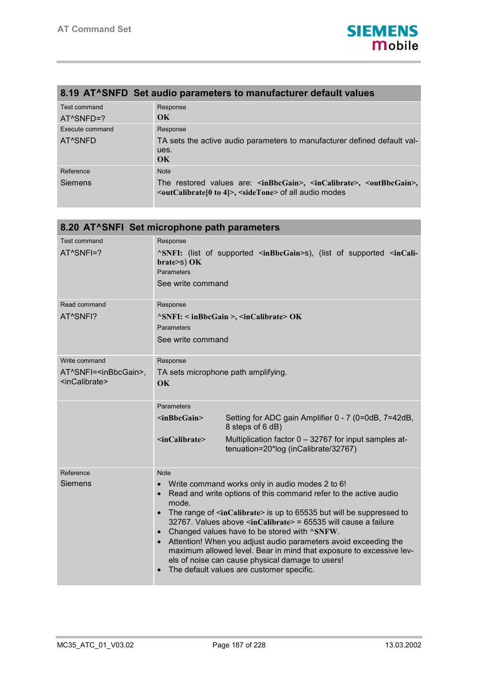 At^snfi set microphone path parameters, 20 at^snfi set microphone path parameters | Siemens MC35 User Manual | Page 187 / 228