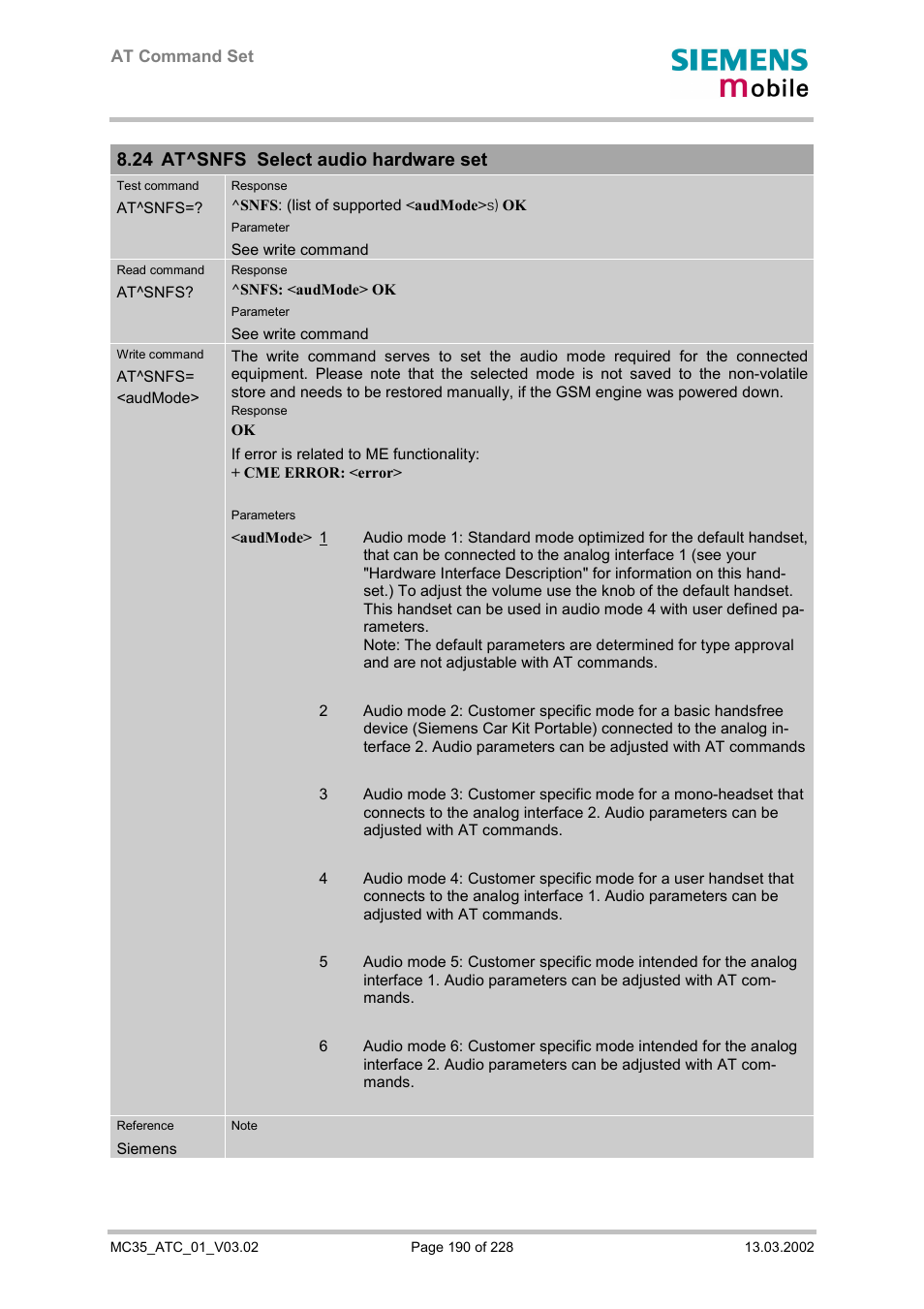 At^snfs select audio hardware set, 24 at^snfs select audio hardware set | Siemens MC35 User Manual | Page 190 / 228