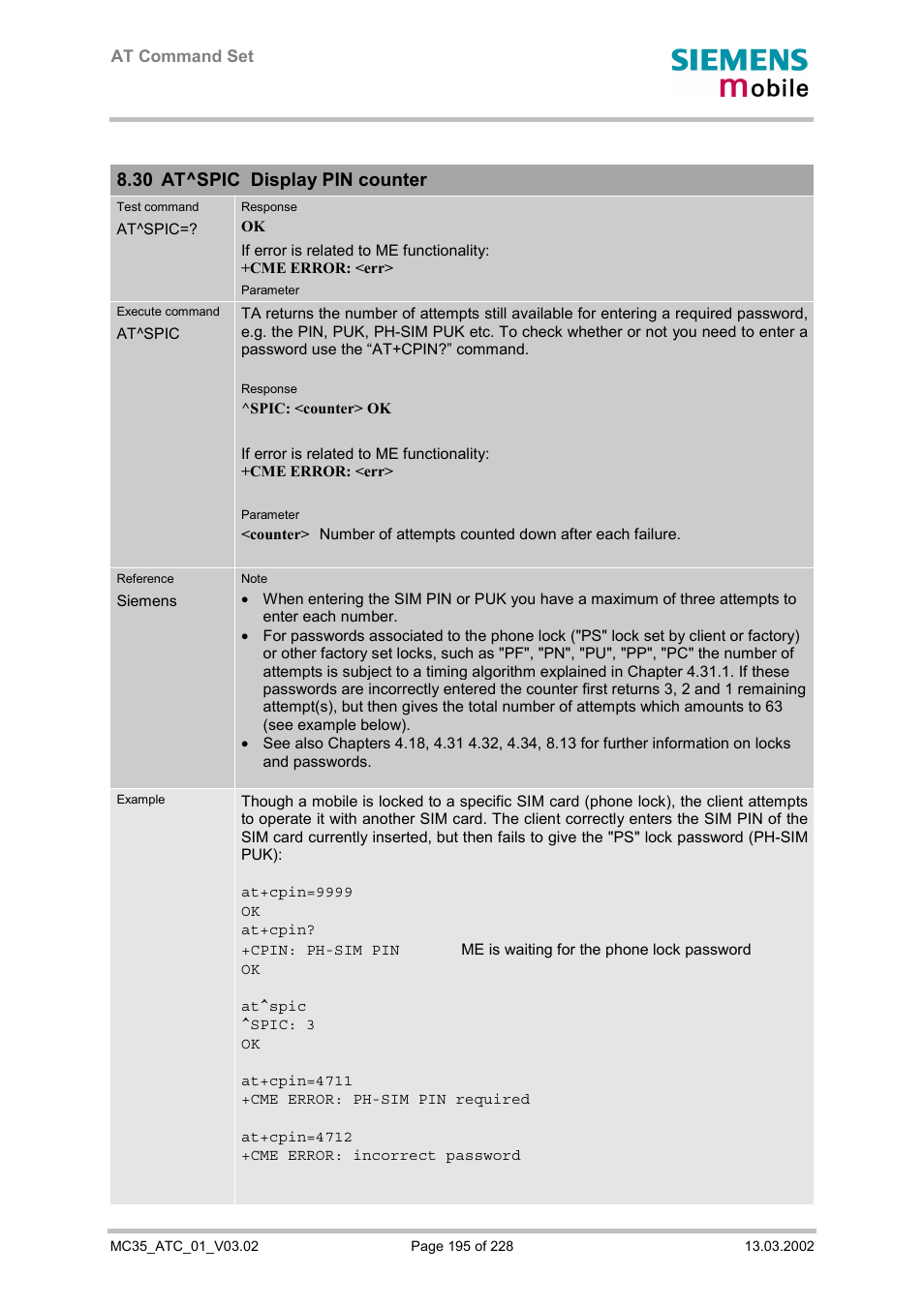 At^spic display pin counter, At^splm read the plmn list, 30 at^spic display pin counter | Siemens MC35 User Manual | Page 195 / 228