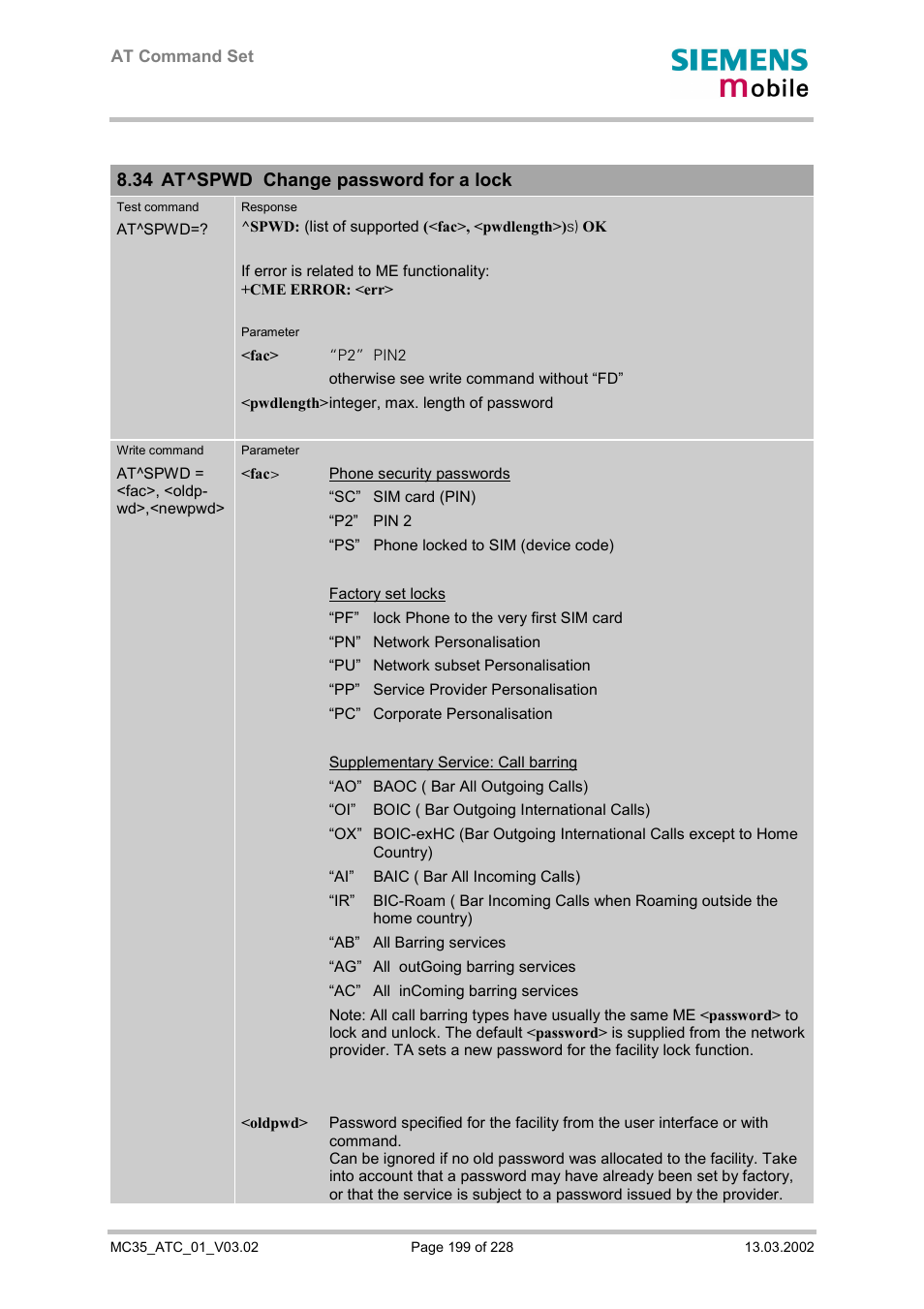 At^spwd change password for a lock, 34 f, Nd 8.34 f | 34 (at^spwd change password for a lock. a c, 34 at^spwd change password for a lock | Siemens MC35 User Manual | Page 199 / 228