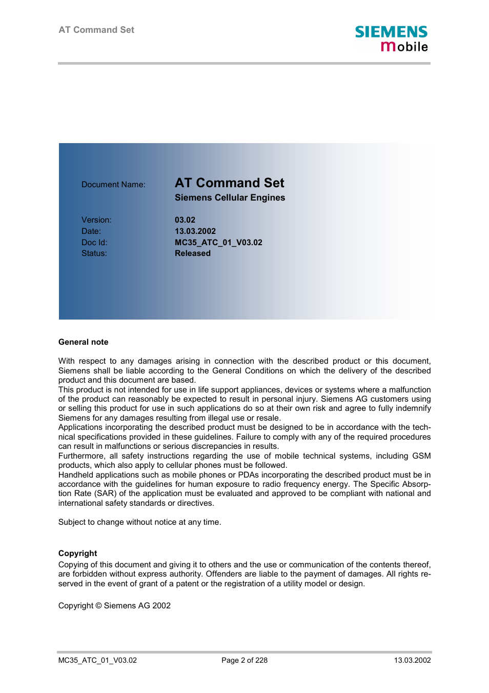 At command set | Siemens MC35 User Manual | Page 2 / 228