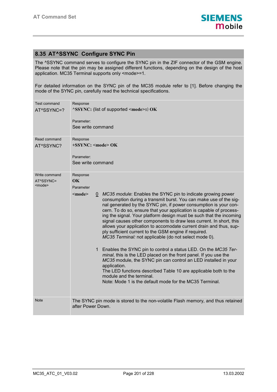 At^ssync configure sync pin, 35 at^ssync configure sync pin | Siemens MC35 User Manual | Page 201 / 228