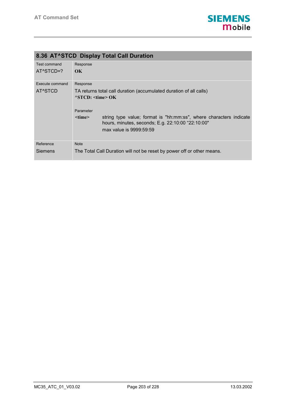 At^stcd display total call duration, 36 at^stcd display total call duration | Siemens MC35 User Manual | Page 203 / 228