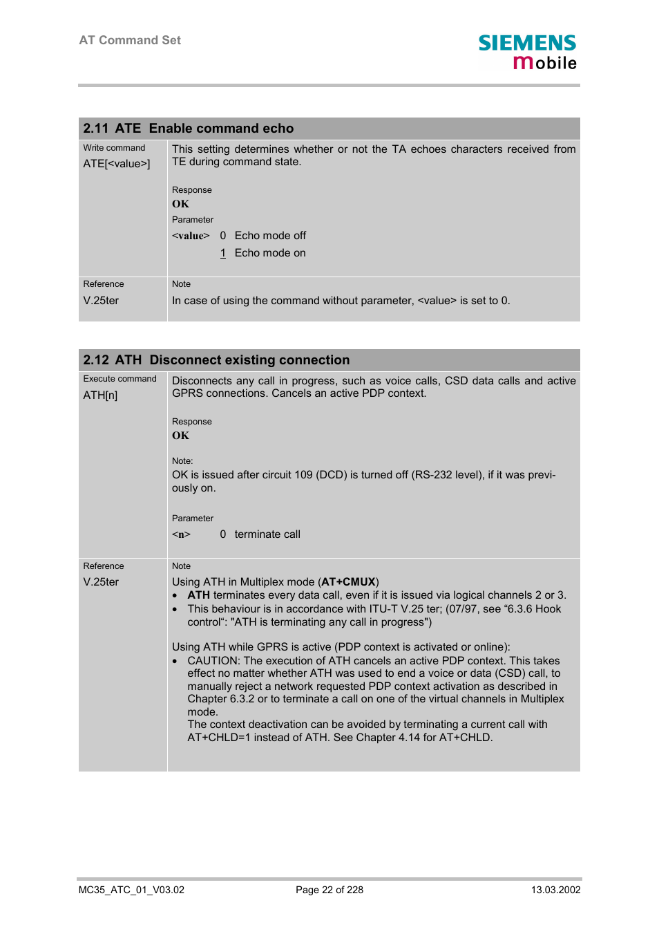 Ate enable command echo, Ath disconnect existing connection, 11 ate enable command echo | 12 ath disconnect existing connection | Siemens MC35 User Manual | Page 22 / 228