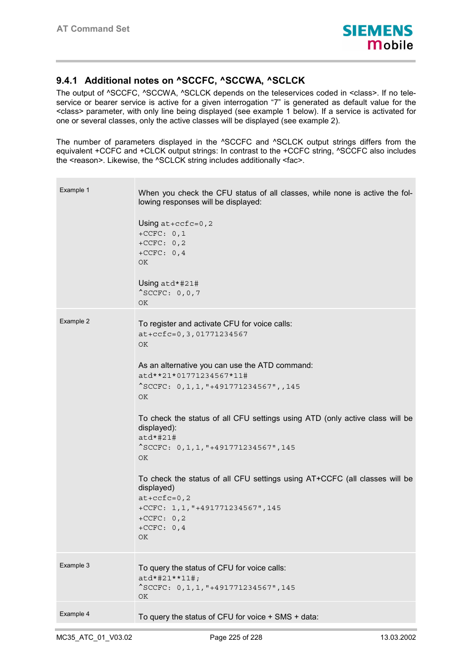 Additional notes on ^sccfc, ^sccwa, ^sclck, 225f, Er 9.4.1) | And 9.4.1 | Siemens MC35 User Manual | Page 225 / 228