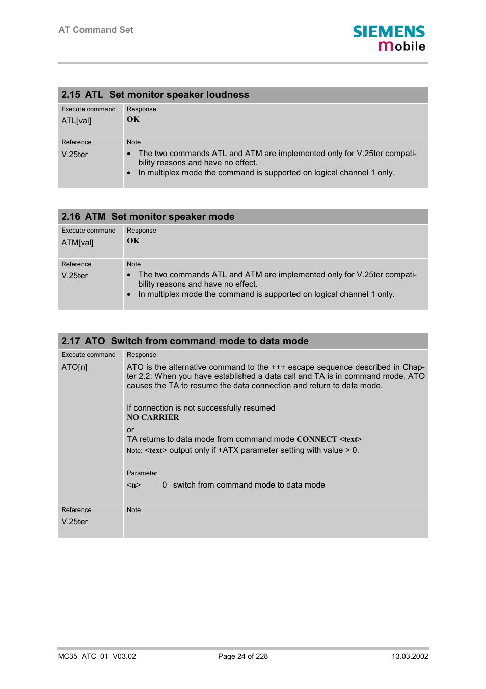 Atl set monitor speaker loudness, Atm set monitor speaker mode, Ato switch from command mode to data mode | 15 atl set monitor speaker loudness, 16 atm set monitor speaker mode, 17 ato switch from command mode to data mode | Siemens MC35 User Manual | Page 24 / 228