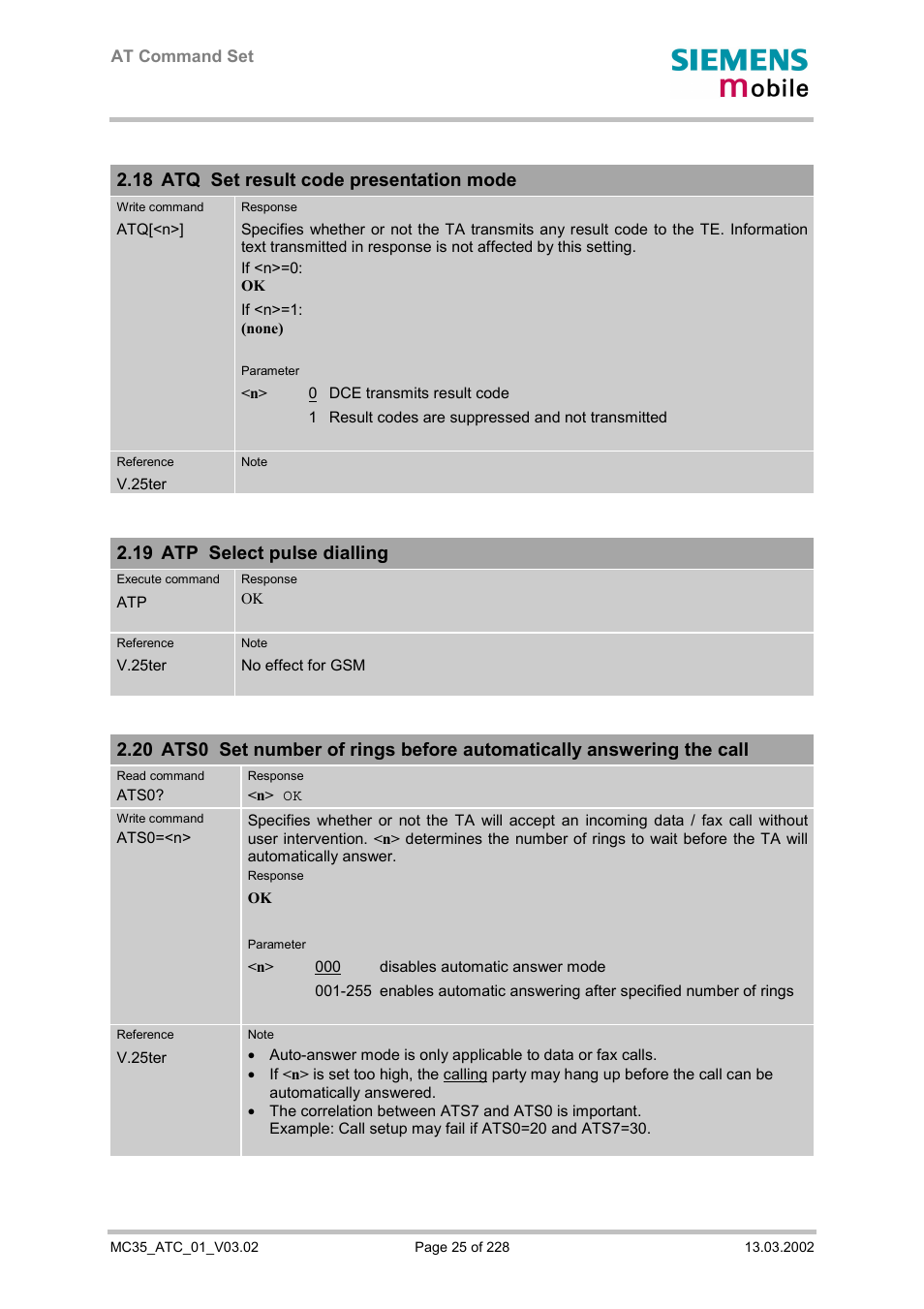 Atq set result code presentation mode, Atp select pulse dialling, 18 atq set result code presentation mode | 19 atp select pulse dialling | Siemens MC35 User Manual | Page 25 / 228