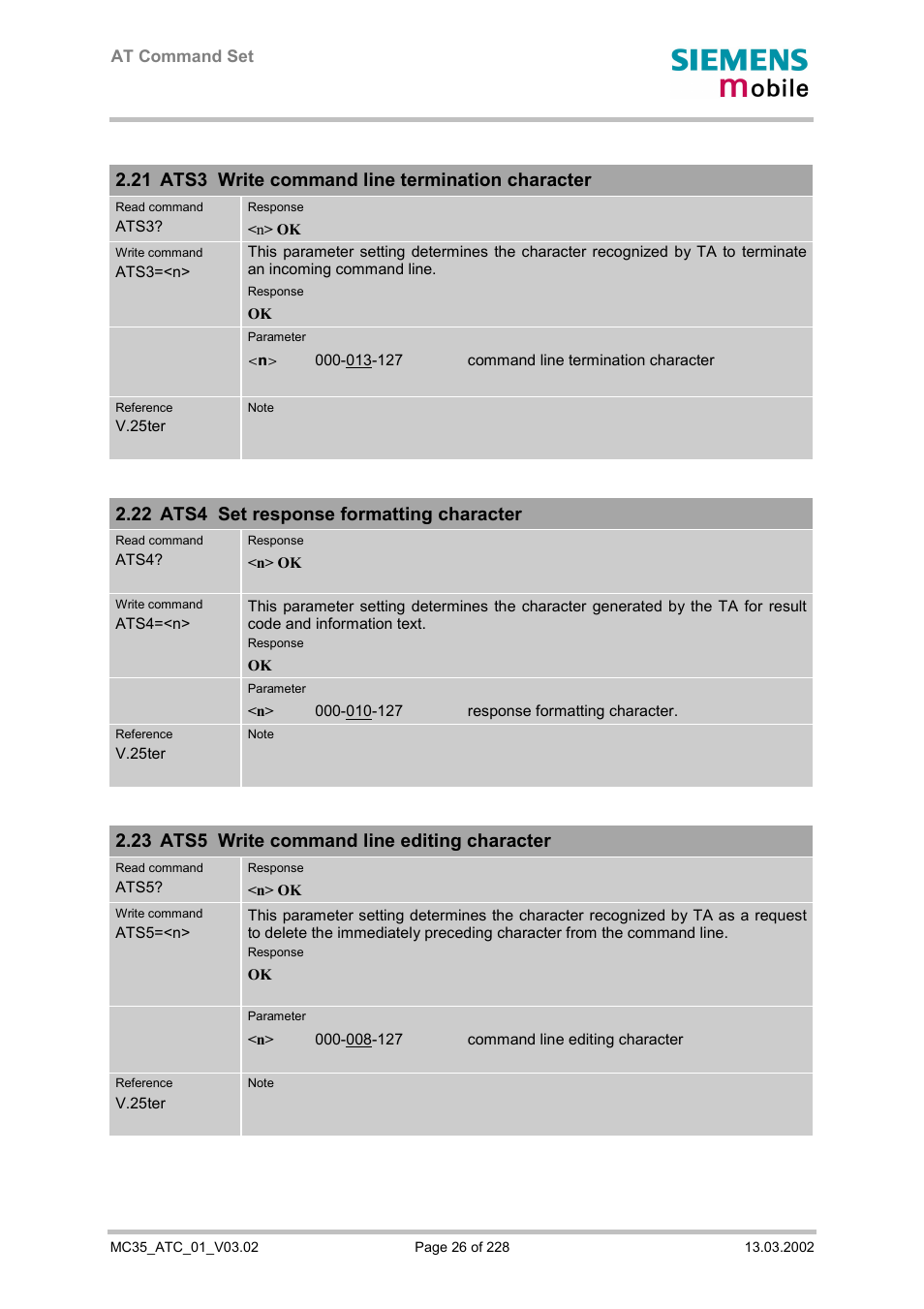 Ats3 write command line termination character, Ats4 set response formatting character, Ats5 write command line editing character | 21 ats3 write command line termination character, 22 ats4 set response formatting character, 23 ats5 write command line editing character | Siemens MC35 User Manual | Page 26 / 228