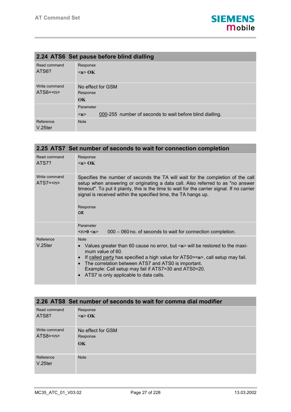 Ats6 set pause before blind dialling, 24 ats6 set pause before blind dialling | Siemens MC35 User Manual | Page 27 / 228