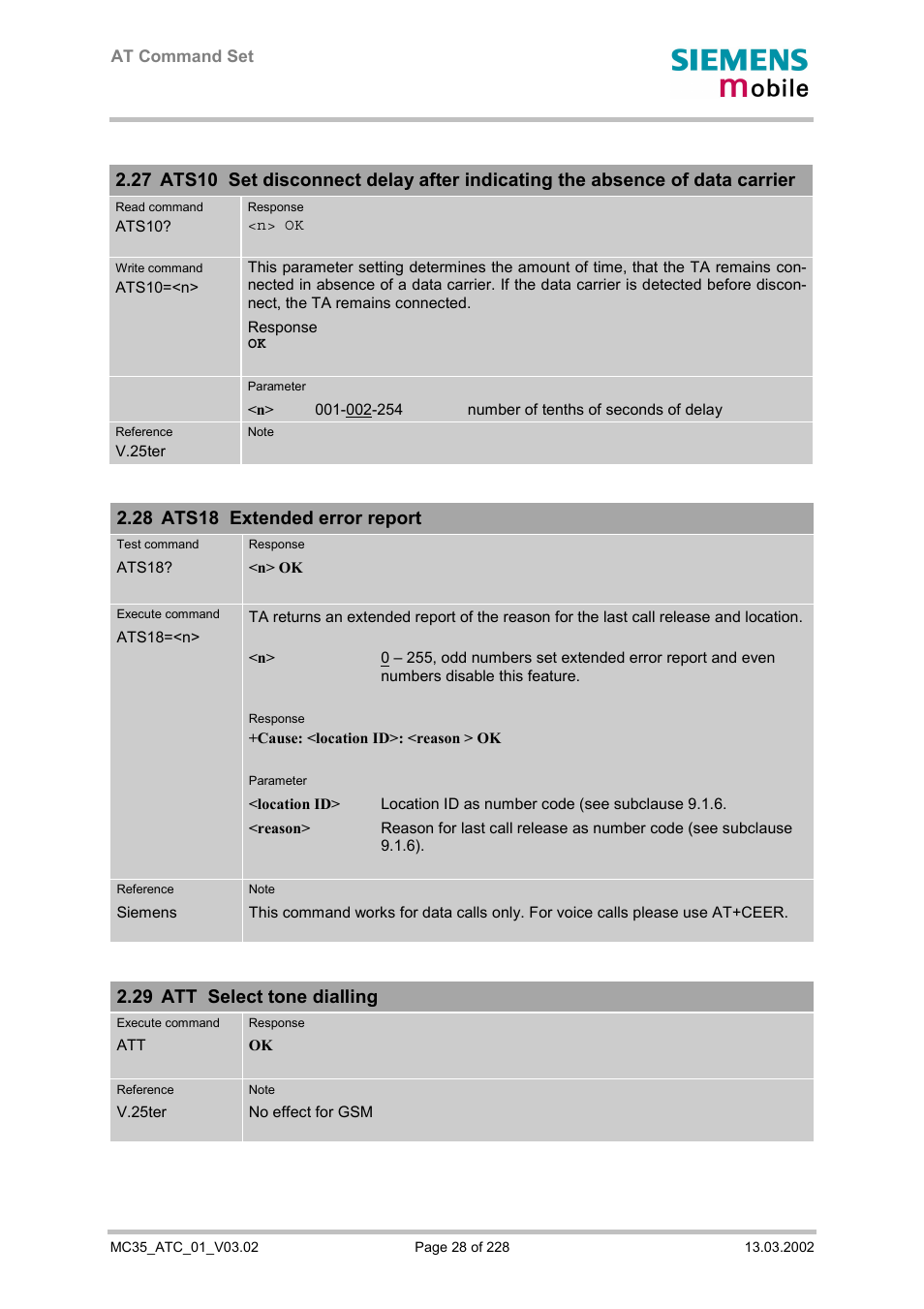 Ats18 extended error report, Att select tone dialling, 28 ats18 extended error report | 29 att select tone dialling | Siemens MC35 User Manual | Page 28 / 228