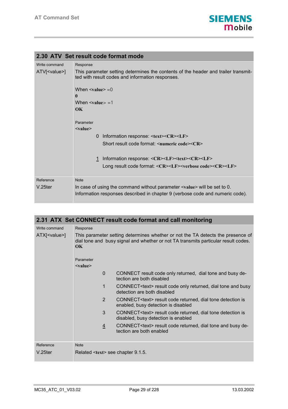 Atv set result code format mode, 30 atv set result code format mode | Siemens MC35 User Manual | Page 29 / 228