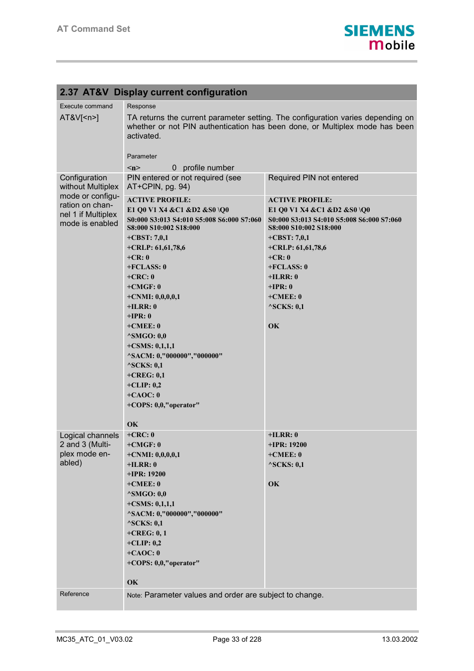 At&v display current configuration, 37 at&v display current configuration | Siemens MC35 User Manual | Page 33 / 228