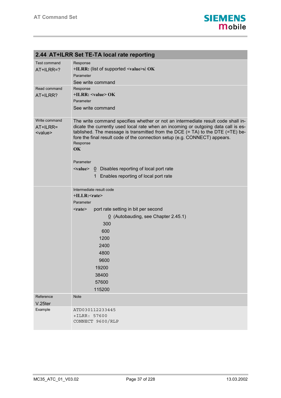 At+ilrr set te-ta local rate reporting, 44 at+ilrr set te-ta local rate reporting | Siemens MC35 User Manual | Page 37 / 228