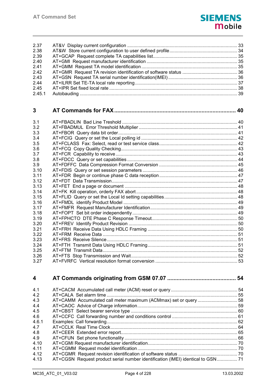 3at commands for fax | Siemens MC35 User Manual | Page 4 / 228