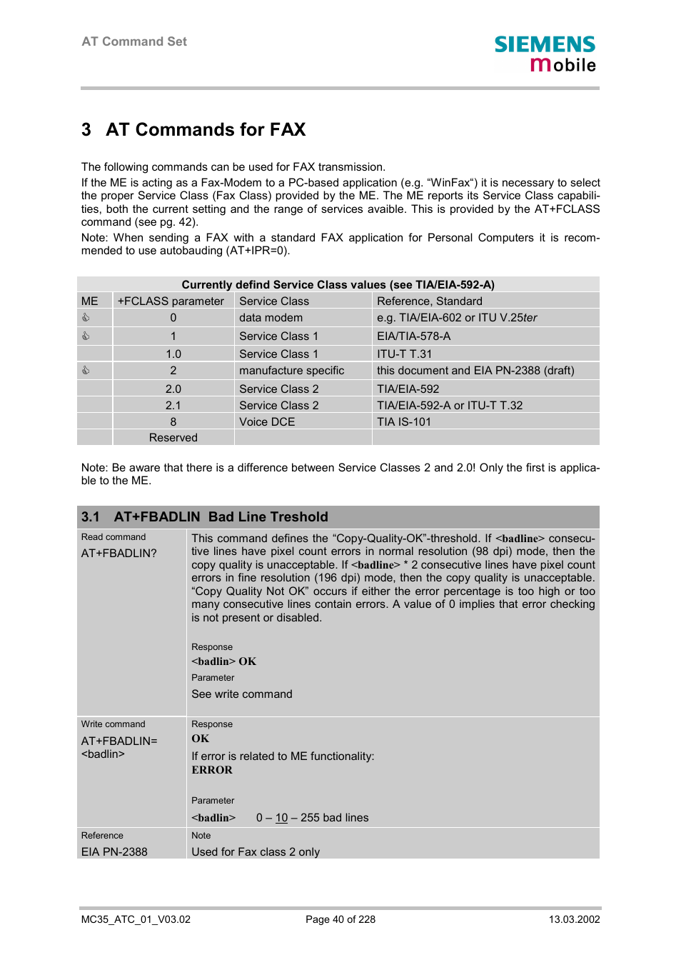 At commands for fax, At+fbadlin bad line treshold, 3 at commands for fax | 1 at+fbadlin bad line treshold | Siemens MC35 User Manual | Page 40 / 228