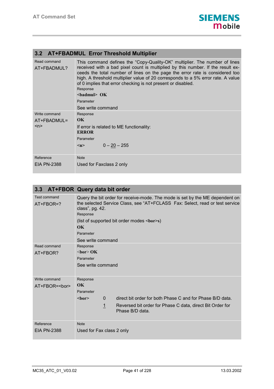 At+fbadmul error threshold multiplier, At+fbor query data bit order, 2 at+fbadmul error threshold multiplier | 3 at+fbor query data bit order | Siemens MC35 User Manual | Page 41 / 228