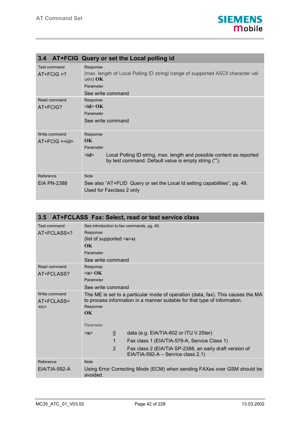 At+fcig query or set the local polling id, At+fclass fax: select, read or test service class, 4 at+fcig query or set the local polling id | Siemens MC35 User Manual | Page 42 / 228