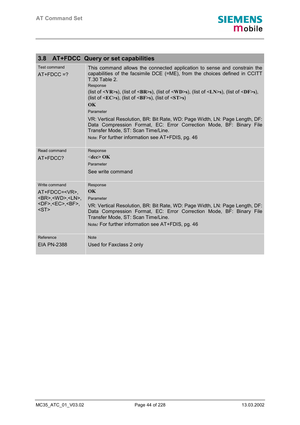 At+fdcc query or set capabilities, 8 at+fdcc query or set capabilities | Siemens MC35 User Manual | Page 44 / 228