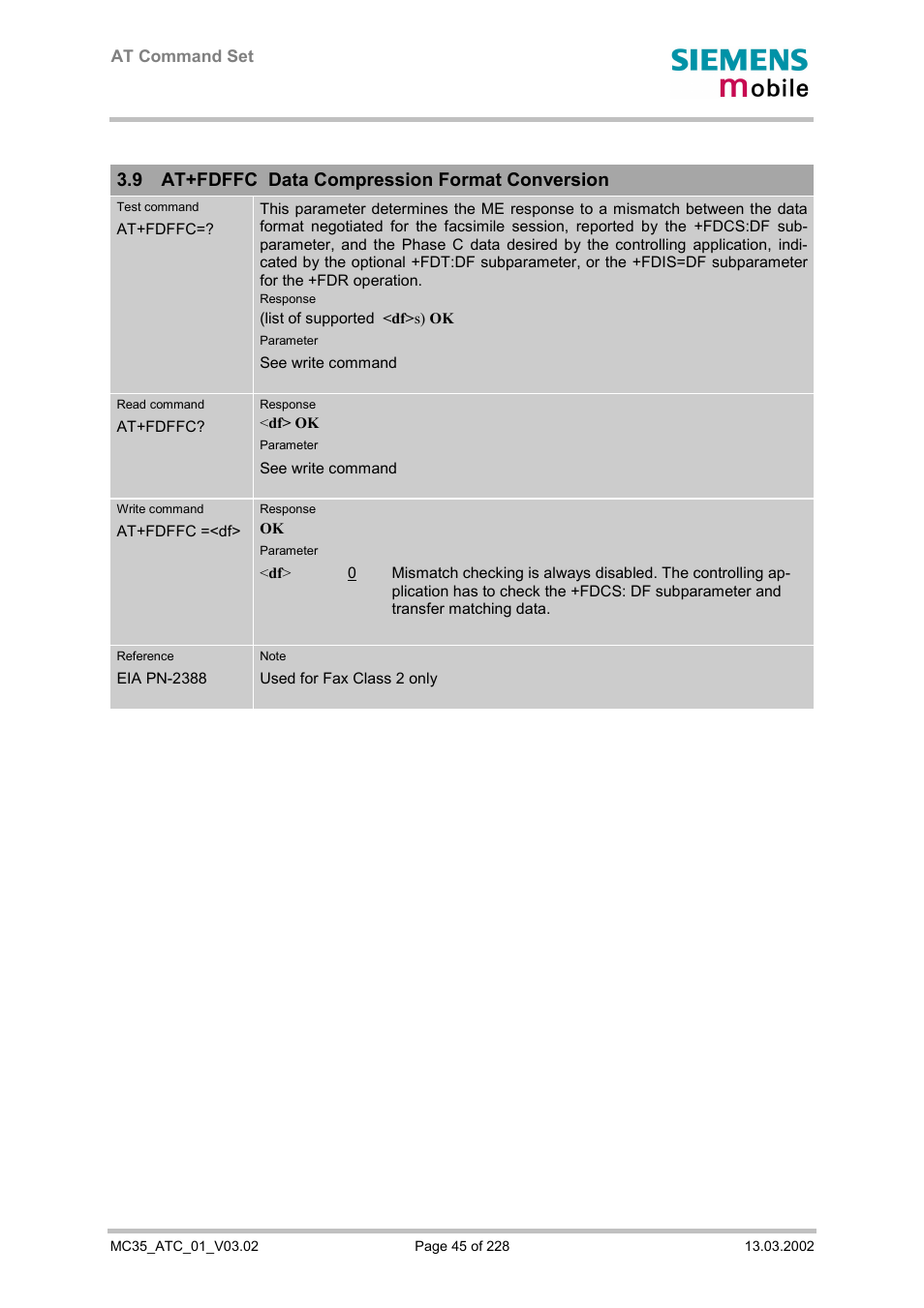 At+fdffc data compression format conversion, 9 at+fdffc data compression format conversion | Siemens MC35 User Manual | Page 45 / 228