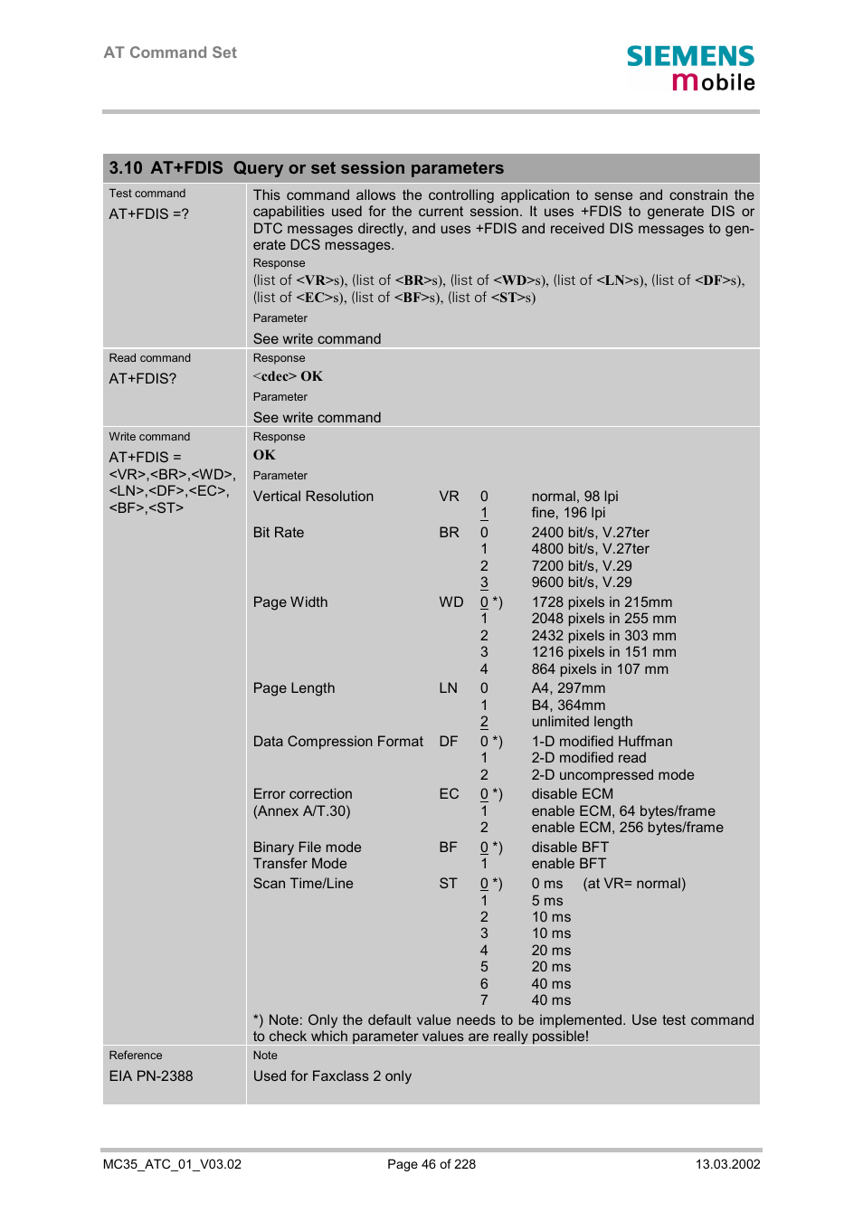 At+fdis query or set session parameters, 10 at+fdis query or set session parameters | Siemens MC35 User Manual | Page 46 / 228