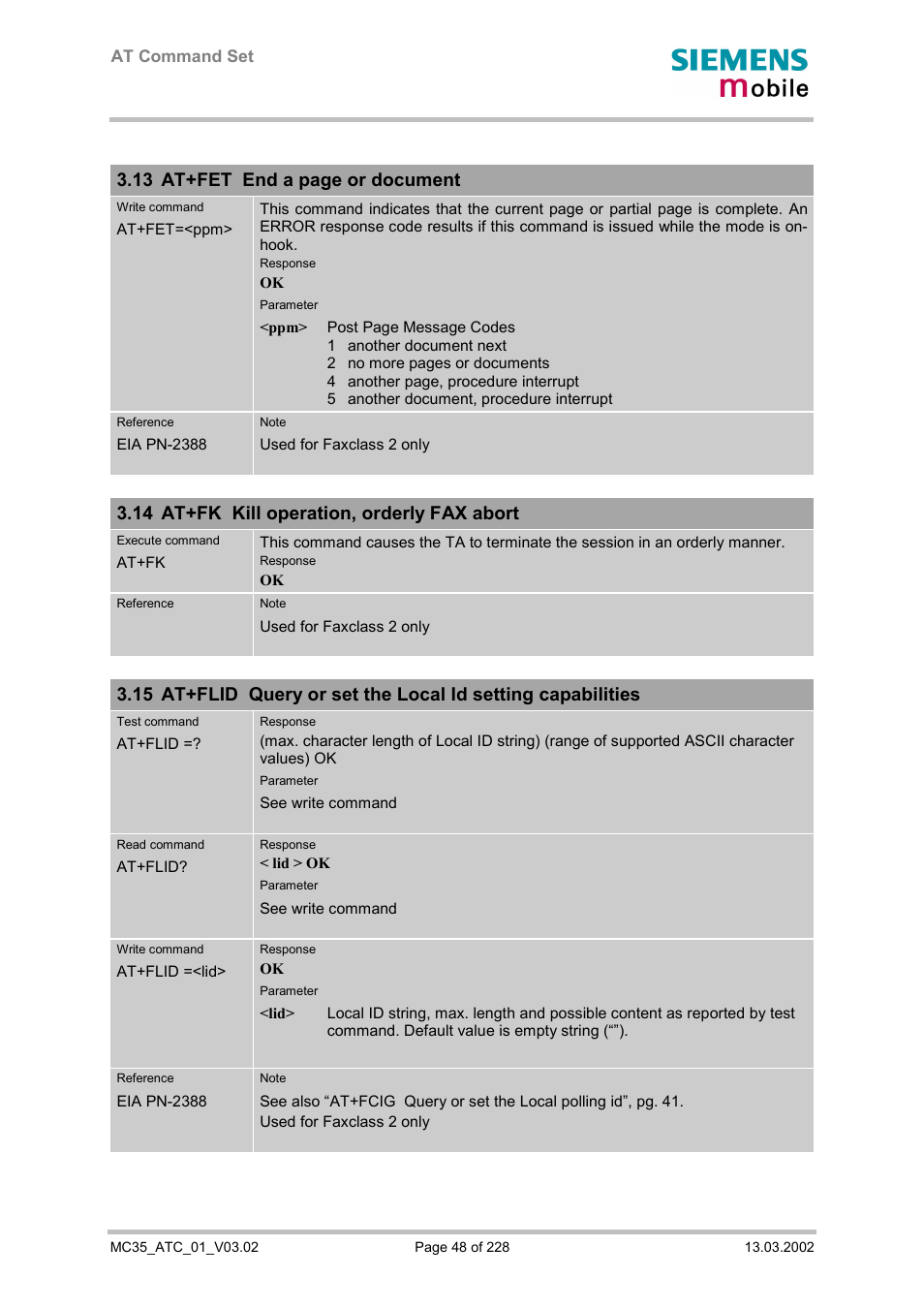 At+fk kill operation, orderly fax abort, 13 at+fet end a page or document, 14 at+fk kill operation, orderly fax abort | Siemens MC35 User Manual | Page 48 / 228