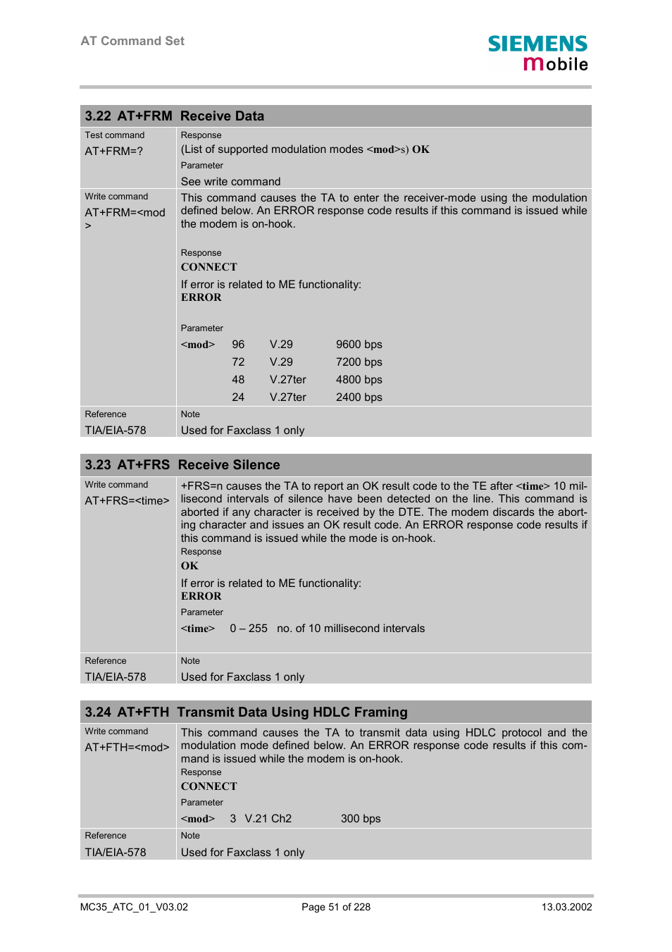 At+frm receive data, At+frs receive silence, At+fth transmit data using hdlc framing | 22 at+frm receive data, 23 at+frs receive silence, 24 at+fth transmit data using hdlc framing | Siemens MC35 User Manual | Page 51 / 228