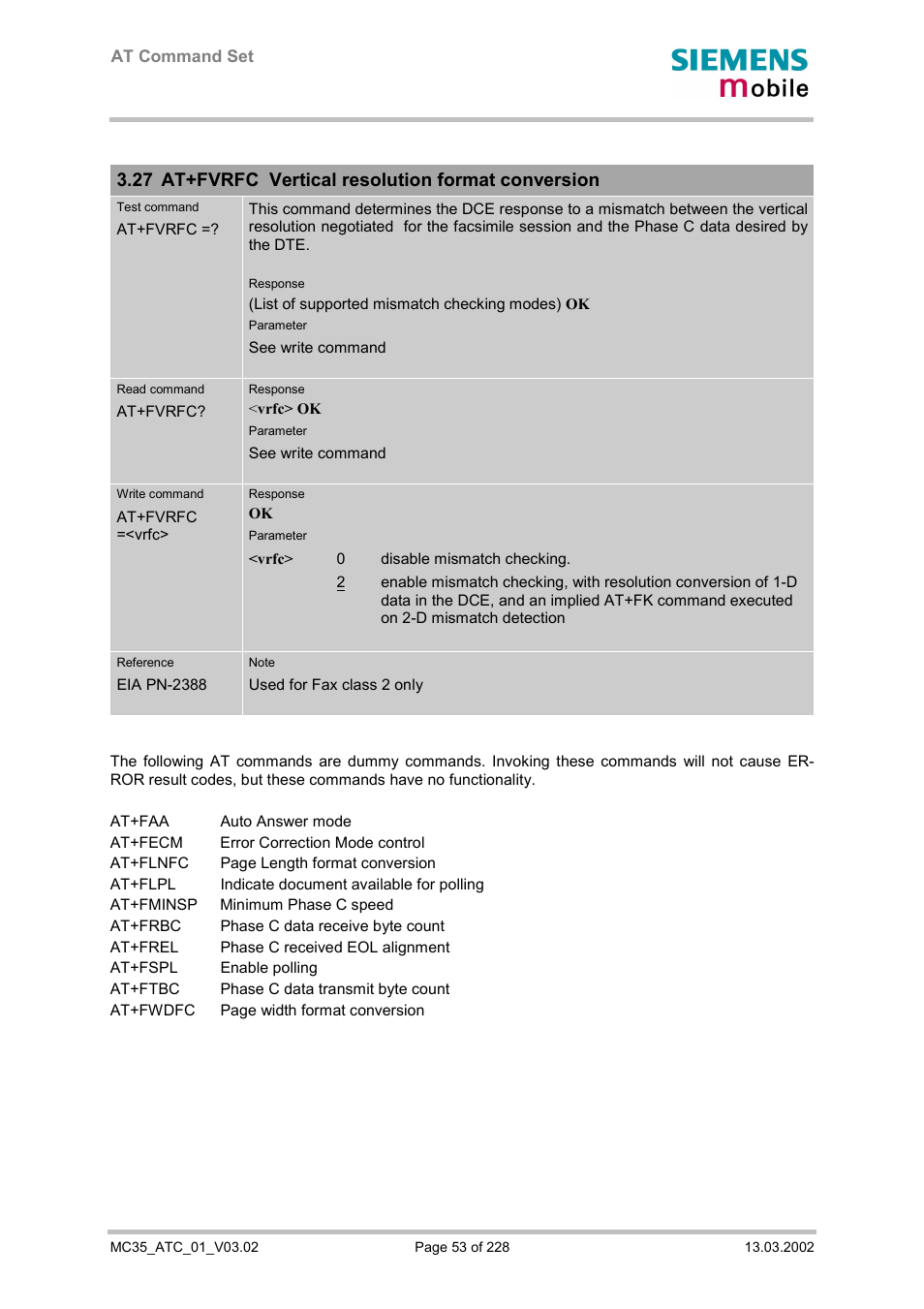 At+fvrfc vertical resolution format conversion, 27 at+fvrfc vertical resolution format conversion | Siemens MC35 User Manual | Page 53 / 228