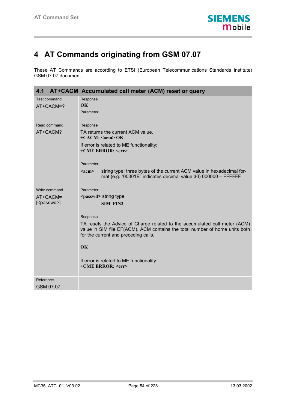 At commands originating from gsm 07.07 | Siemens MC35 User Manual | Page 54 / 228